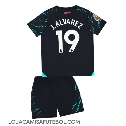 Camisa de Futebol Manchester City Julian Alvarez #19 Equipamento Alternativo Infantil 2023-24 Manga Curta (+ Calças curtas)